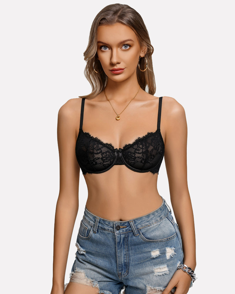 Black lace balconette bra with underwire cups and scalloped lace trim
