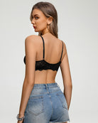 Black lace balconette bra with thin adjustable straps and lace back detail