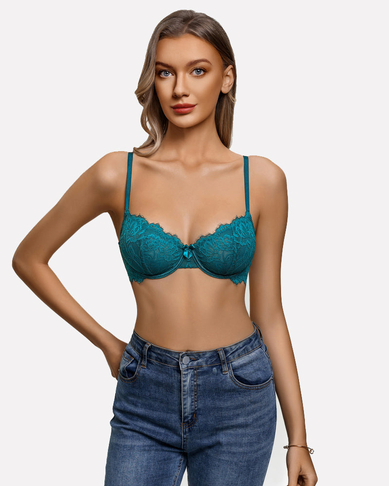Bluish green lace balconette bra with underwire cups and lace trim