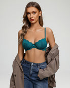 Balconette lace bra with sheer mesh, teal blue-green unlined cups and straps