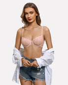 Balconette lace bra with sheer mesh, light pink unlined cups and thin straps
