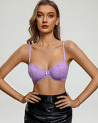 Balconette lace bra with sheer mesh, lilac unlined cups and thin straps