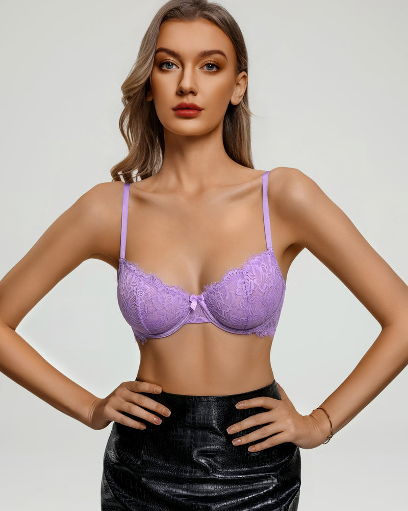 Balconette lace bra with sheer mesh, lilac unlined cups and thin straps