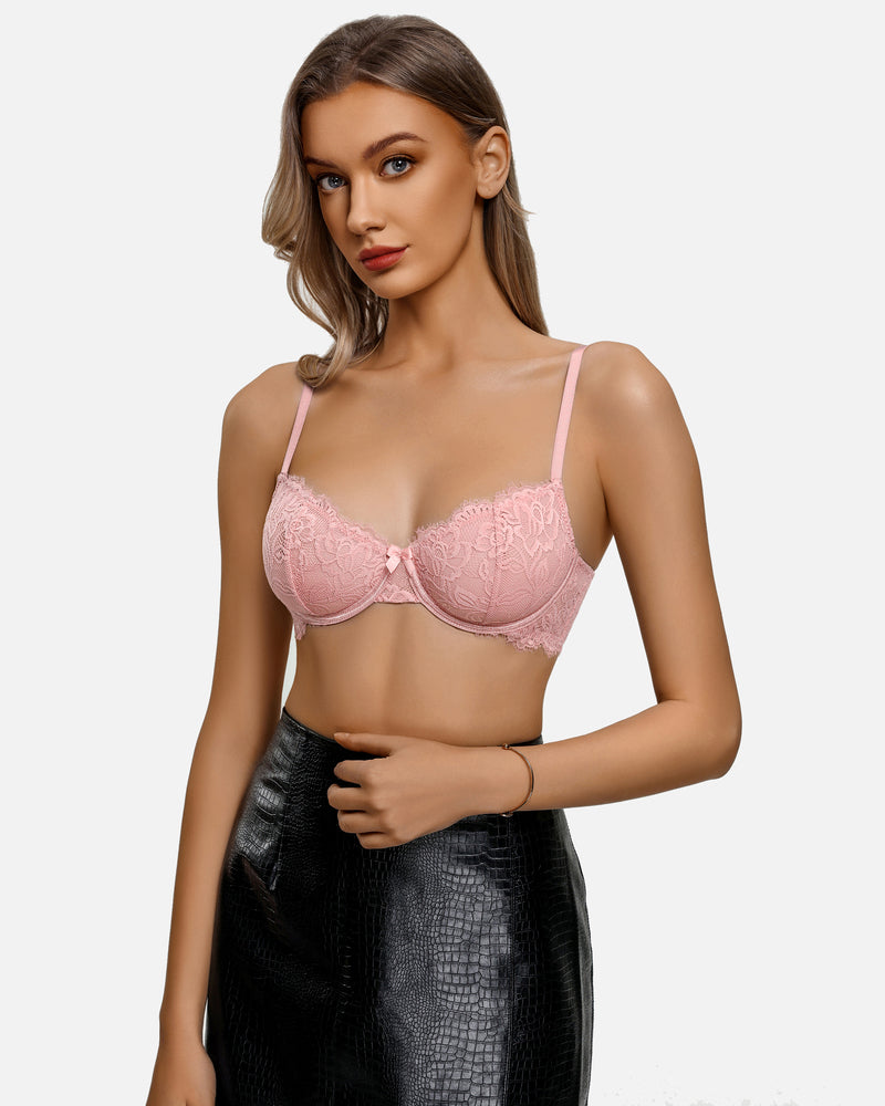 Light pink lace balconette bra with scalloped edges and underwire cups