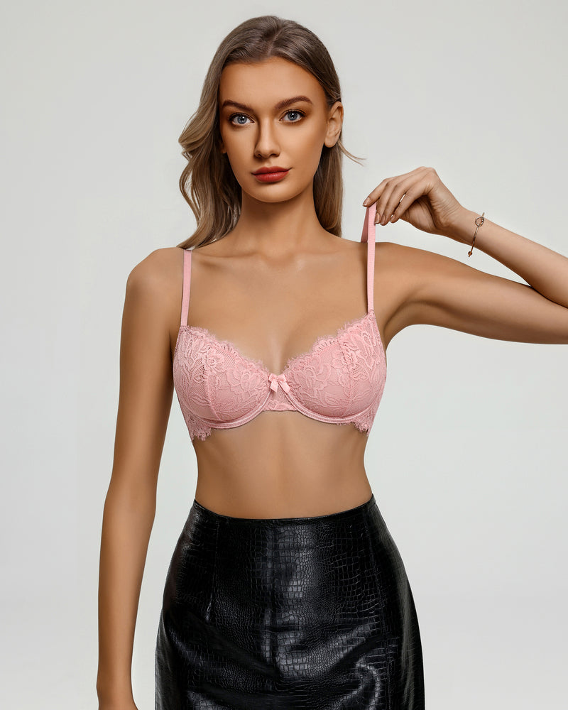 Balconette lace bra with sheer mesh, blush pink unlined cups with lace trim