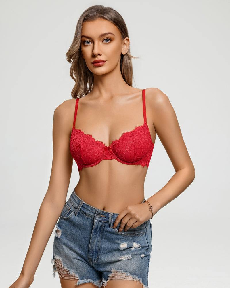 Red lace balconette bra with underwire cups and scalloped lace trim