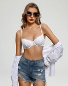 Balconette lace bra with sheer mesh, white unlined cups and thin straps