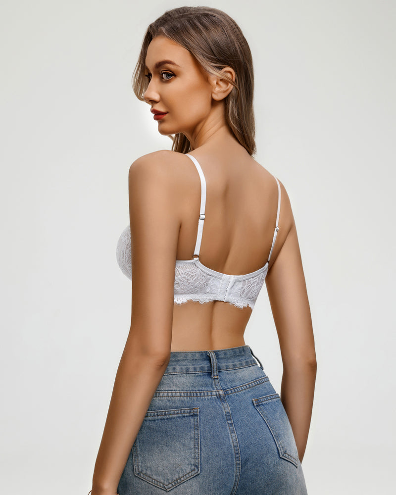 Balconette lace bra with sheer mesh, white back view with racer-back straps