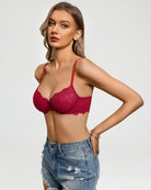 Balconette lace bra with sheer mesh, wine red unlined cups and lace trim