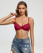 Wine red lace balconette bra with underwire cups and lace trim straps