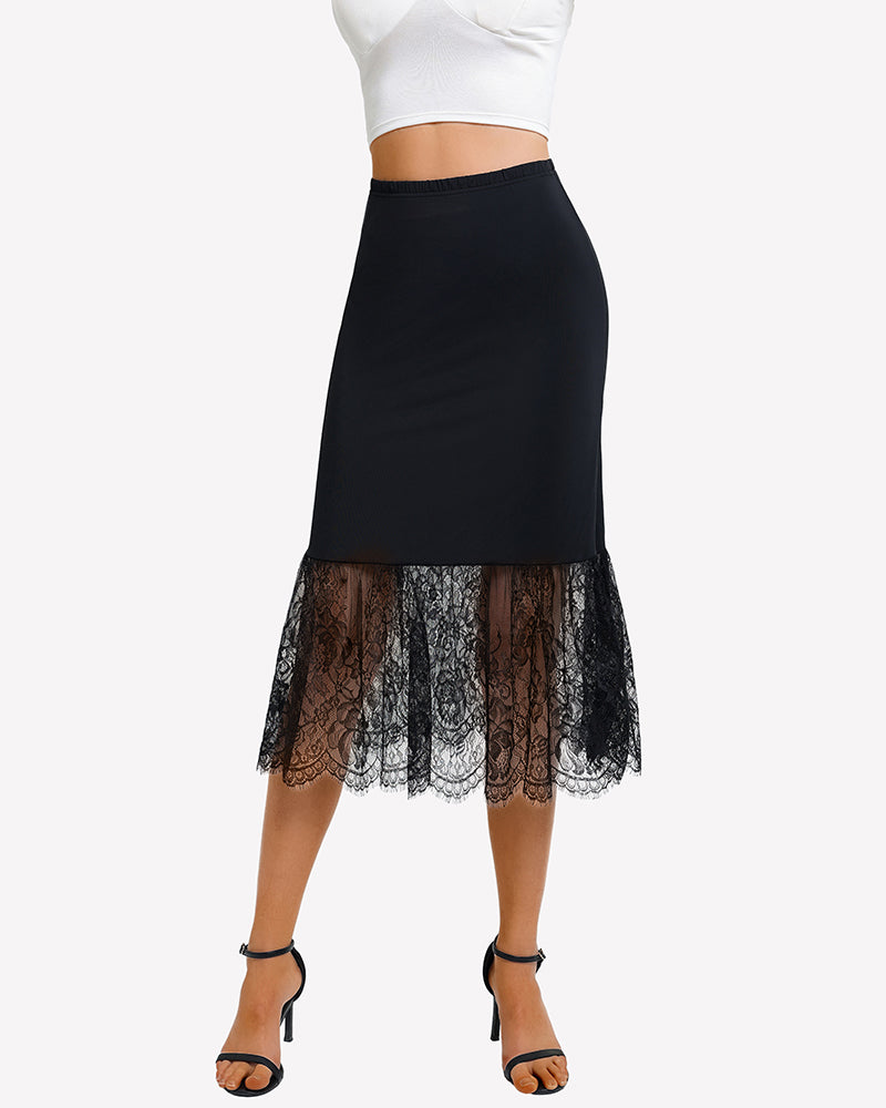 Black lace half slip underskirt with scalloped lace hem panel.