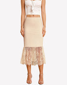 Champagne lace half slip underskirt with beige lace ruffle hem.