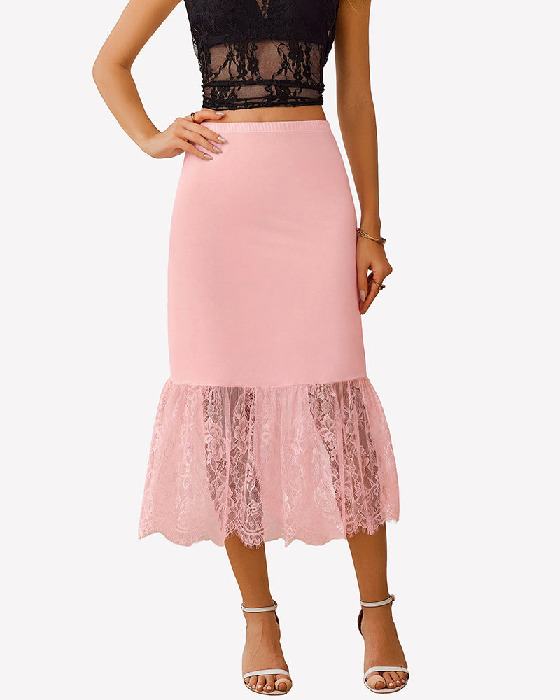Pink lace half slip underskirt with lace ruffle hem.
