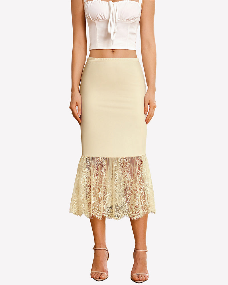 Cream champagne lace half slip underskirt with lace ruffle hem.