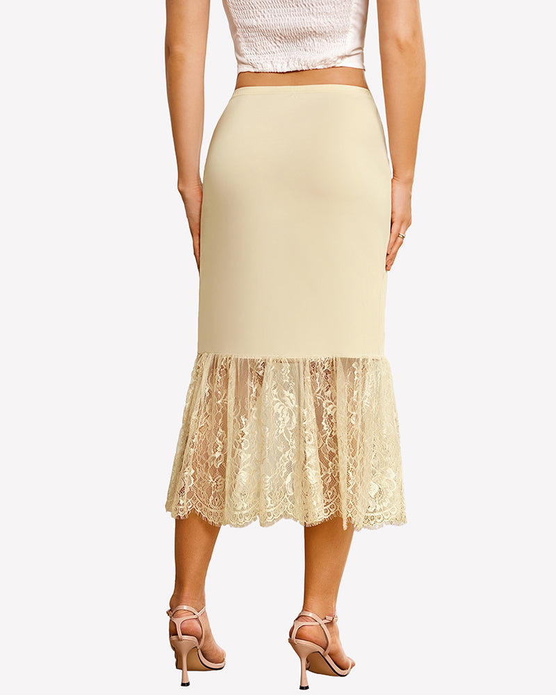 Beige fitted half slip underskirt with lace trim at the hem