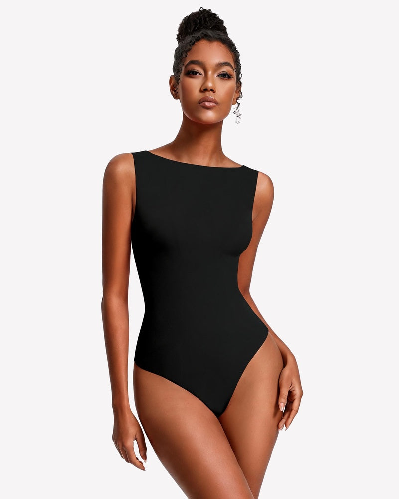 Boat-neck double-lined sleeveless bodysuit, black, fitted one-piece with high-cut legs.