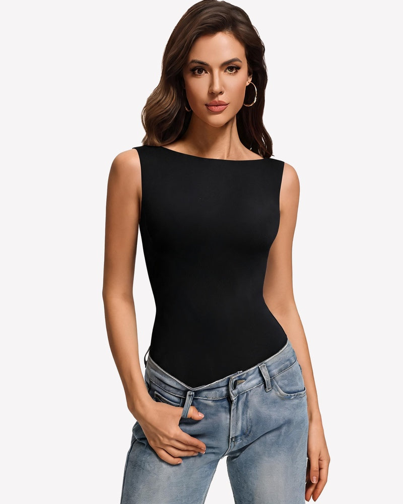 Boat-neck double-lined sleeveless bodysuit, black, smooth fitted front under jeans.