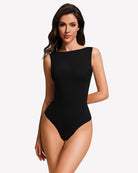 Boat-neck double-lined sleeveless bodysuit, black, fitted one-piece with boat neckline.