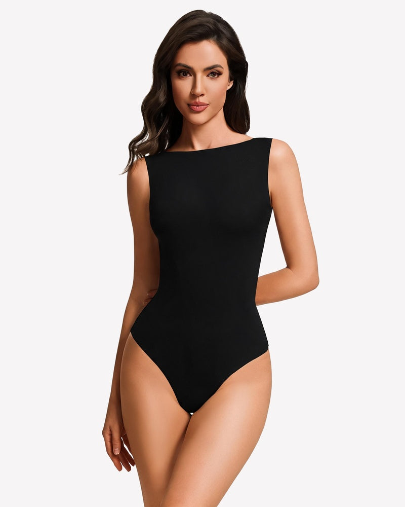Boat-neck double-lined sleeveless bodysuit, black, fitted one-piece with boat neckline.