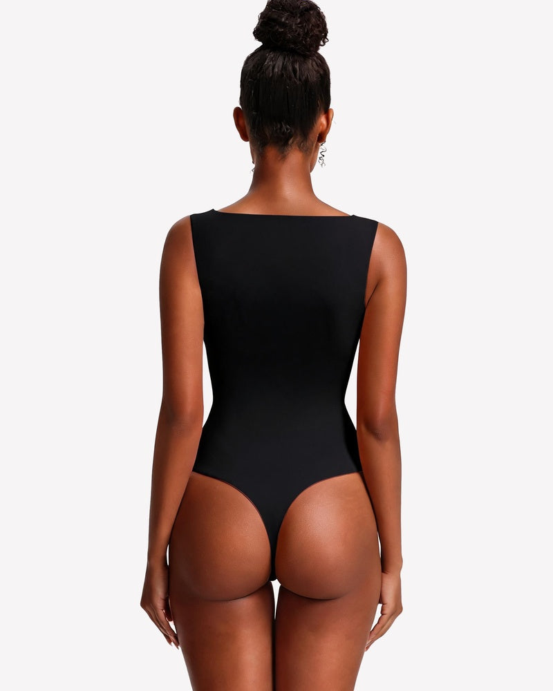 Boat-neck double-lined sleeveless bodysuit, black, back view with high-cut leg openings.
