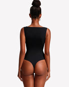Boat-neck double-lined sleeveless bodysuit, black, back view with high-cut leg openings.