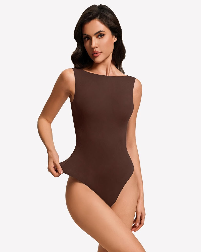 Boat-neck double-lined sleeveless bodysuit, nude brown, fitted one-piece with boat neckline.