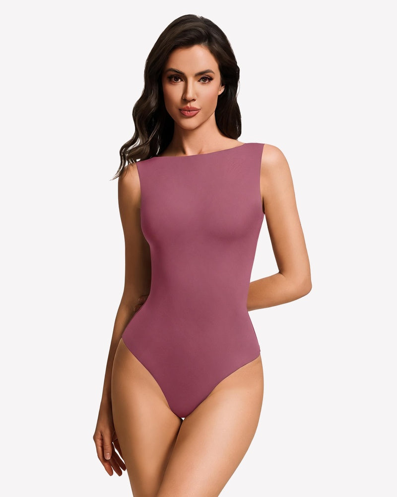 Boat-neck double-lined sleeveless bodysuit, mauve/pink purple, fitted one-piece with boat neckline.