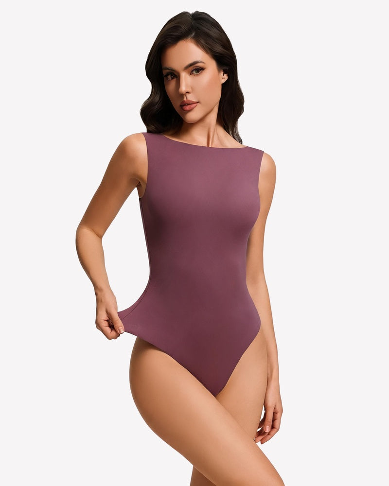 Boat-neck double-lined sleeveless bodysuit, deep mauve purple, fitted one-piece with boat neckline.