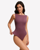 Boat-neck double-lined sleeveless bodysuit, deep mauve purple, fitted one-piece with boat neckline.