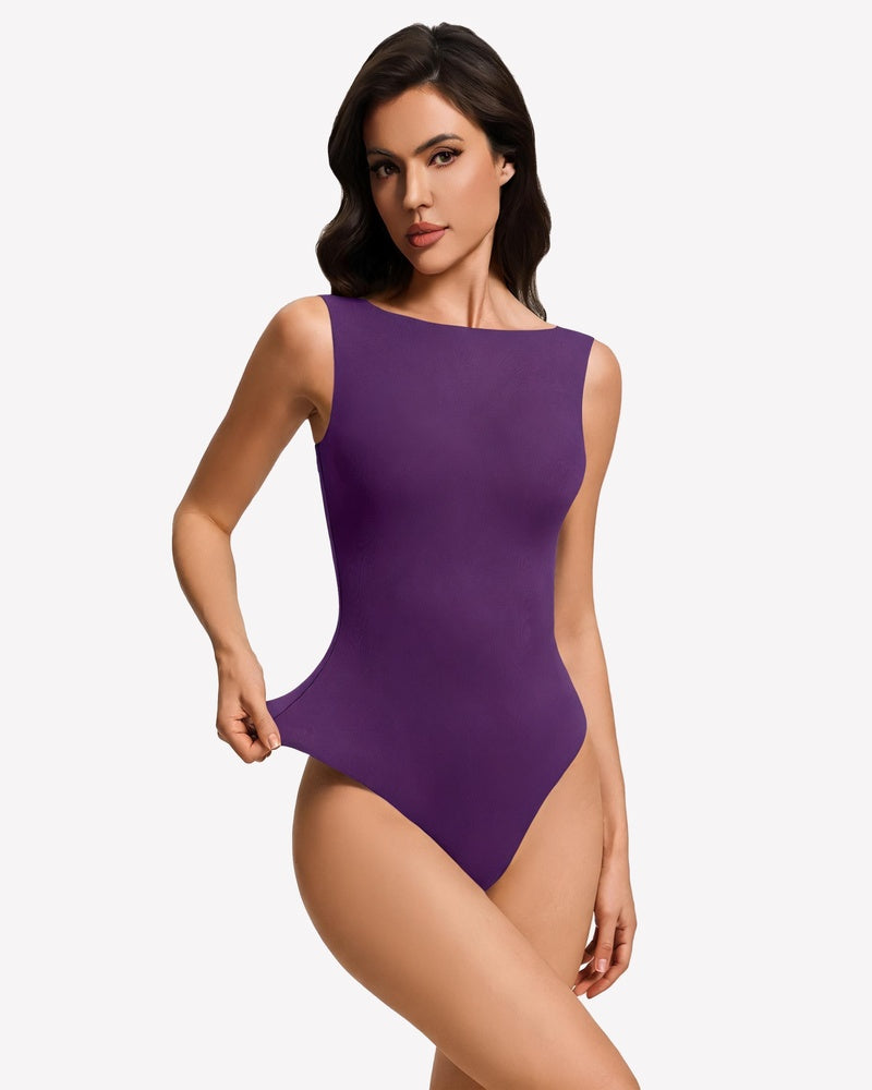 Boat-neck double-lined sleeveless bodysuit, purple, fitted one-piece with boat neckline.