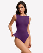 Boat-neck double-lined sleeveless bodysuit, purple, fitted one-piece with boat neckline.