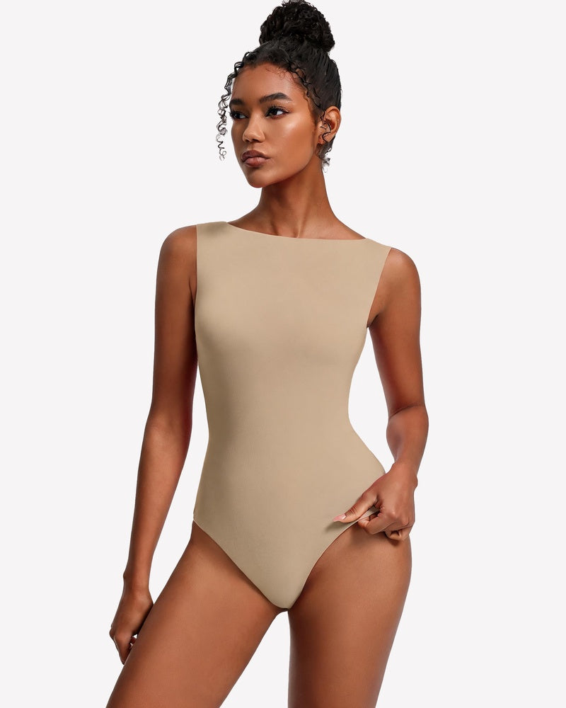 Nude double-lined boat-neck bodysuit with sleeveless cut and high leg
