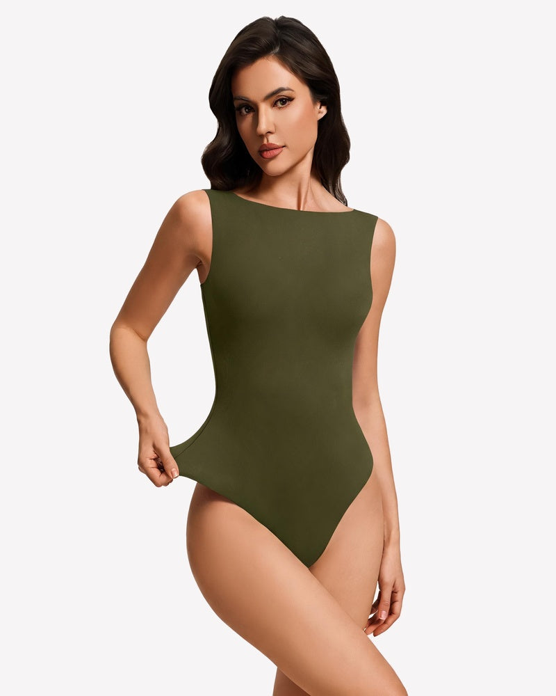 Olive green double-lined sleeveless boat-neck bodysuit, fitted high-cut leg