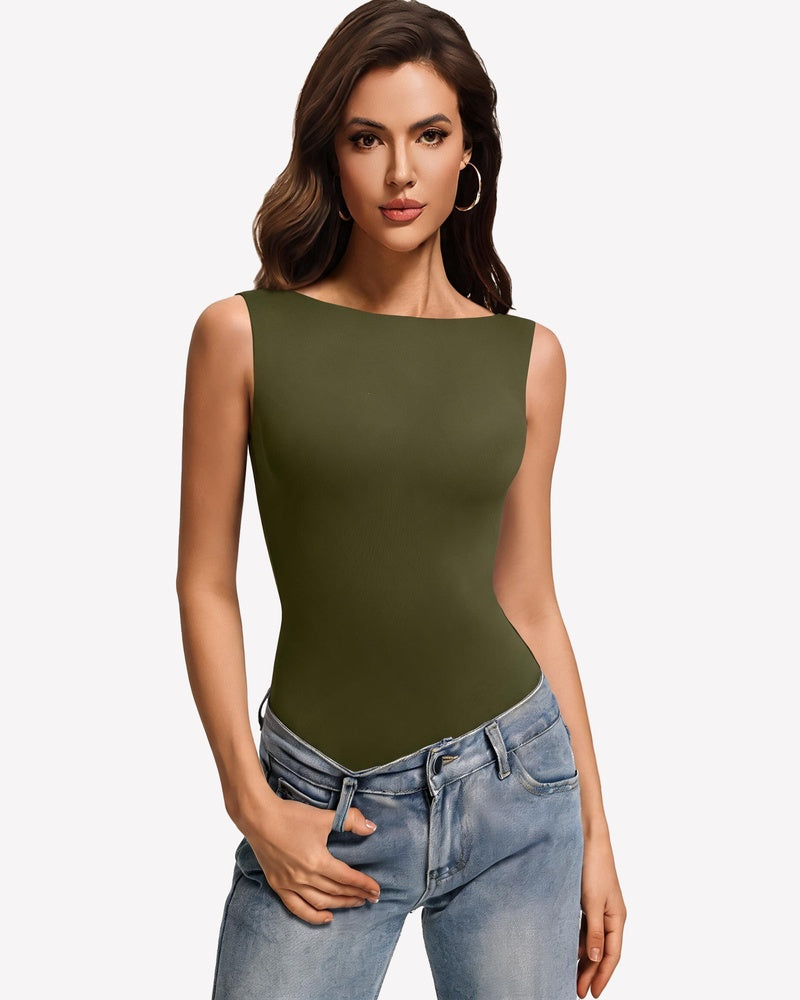 Olive green fitted bodysuit with sleeveless boat neckline and double lining