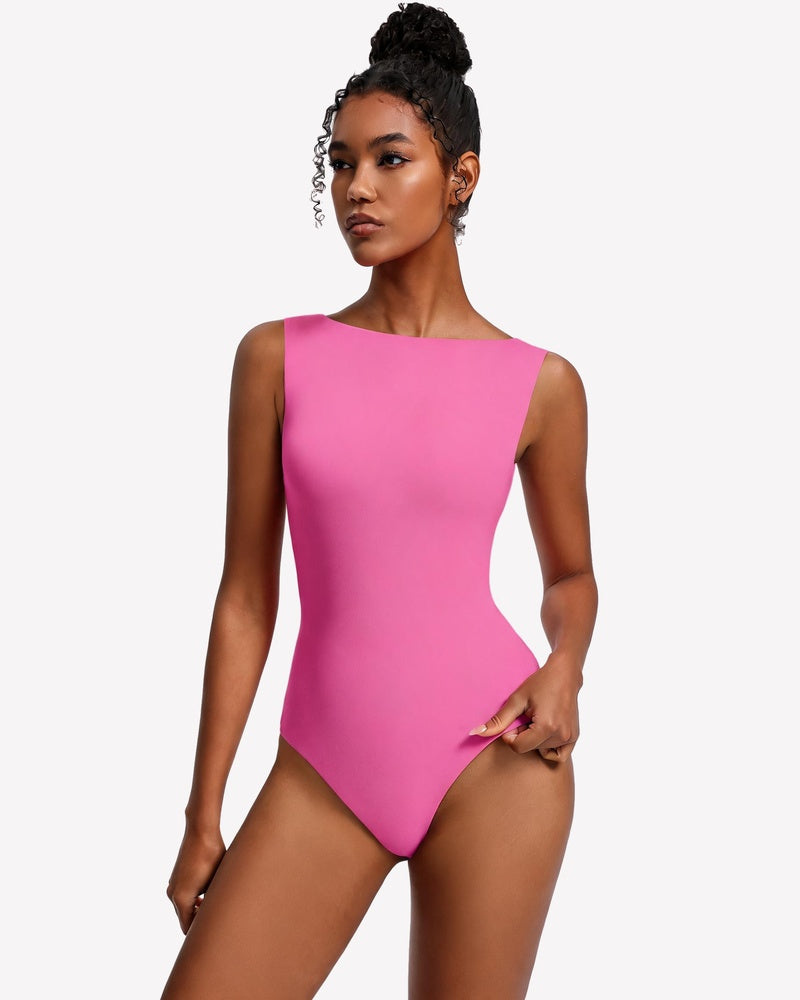 Boat-neck double-lined sleeveless bodysuit, pink, fitted one-piece with high-cut legs.