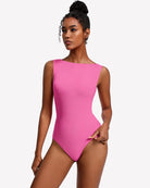 Boat-neck double-lined sleeveless bodysuit, pink, fitted one-piece with high-cut legs.