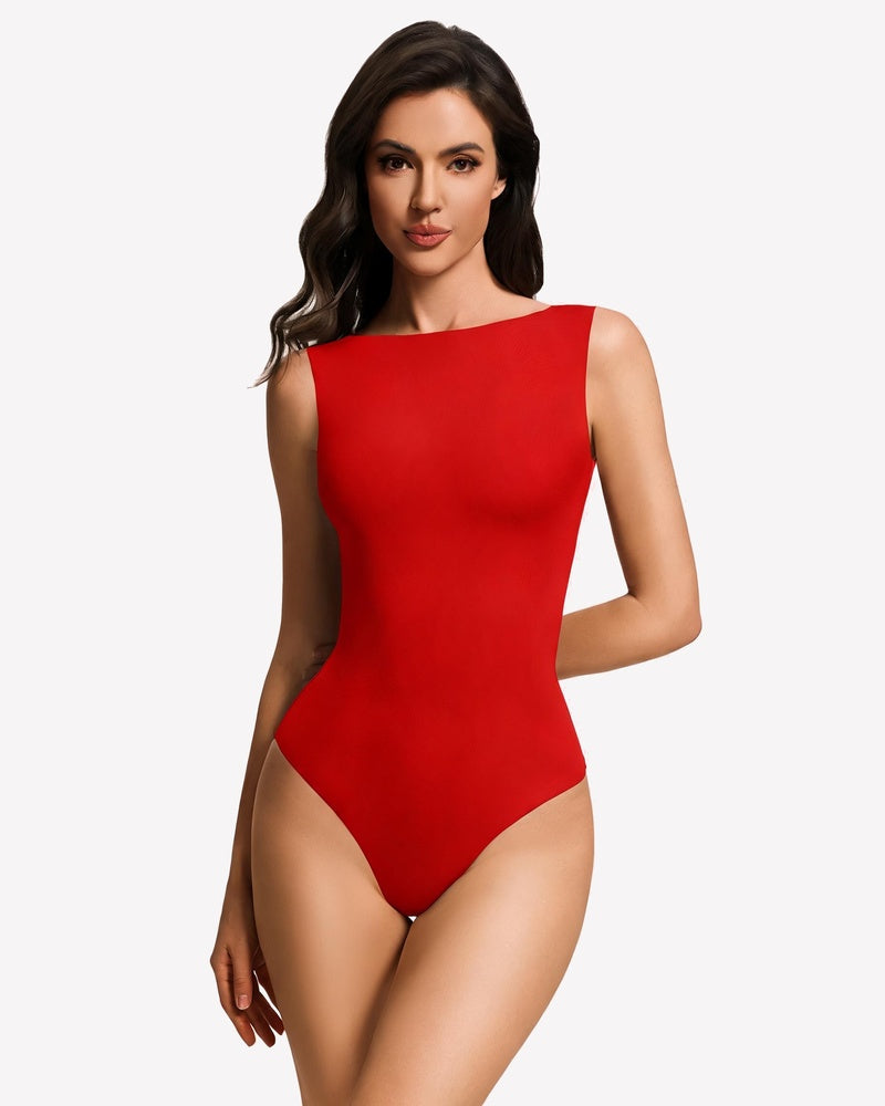 Red double-lined boat-neck sleeveless bodysuit with high leg cut