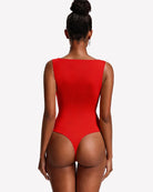Red back view double-lined sleeveless boat-neck bodysuit with high-cut leg
