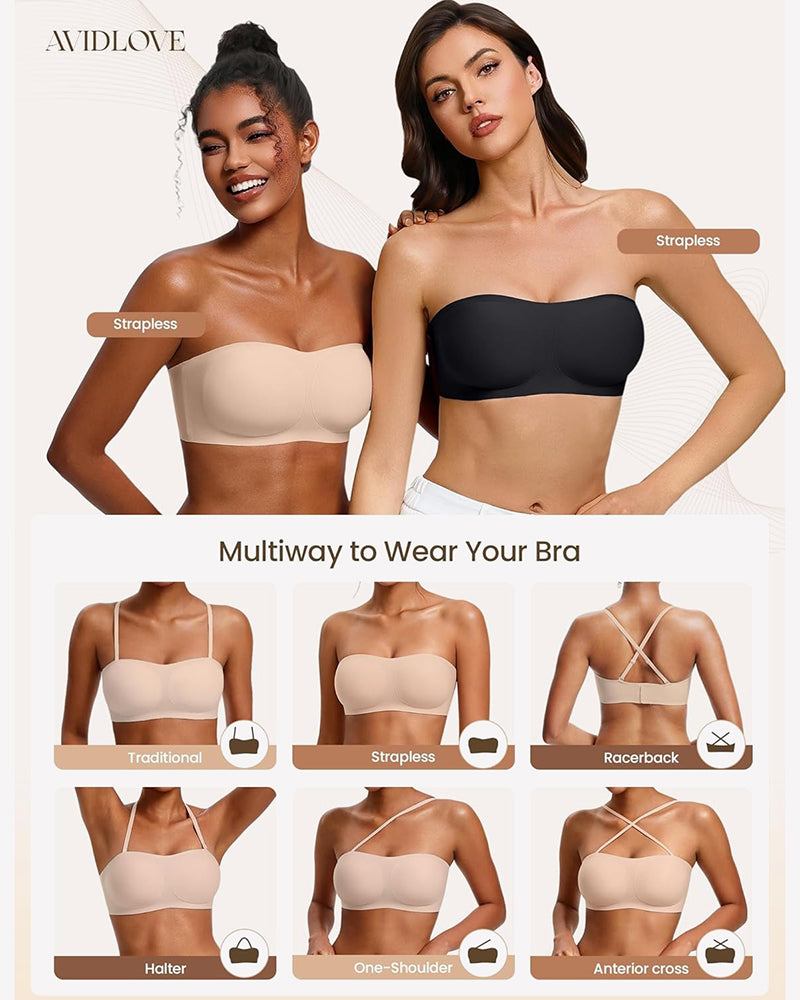 Strapless wireless bra shown in nude and black colors, with molded cups