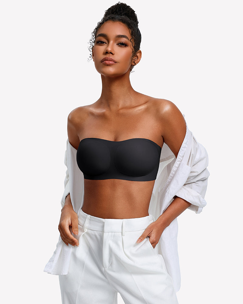 Black strapless wireless bra with smooth molded cups and wide no-slip band