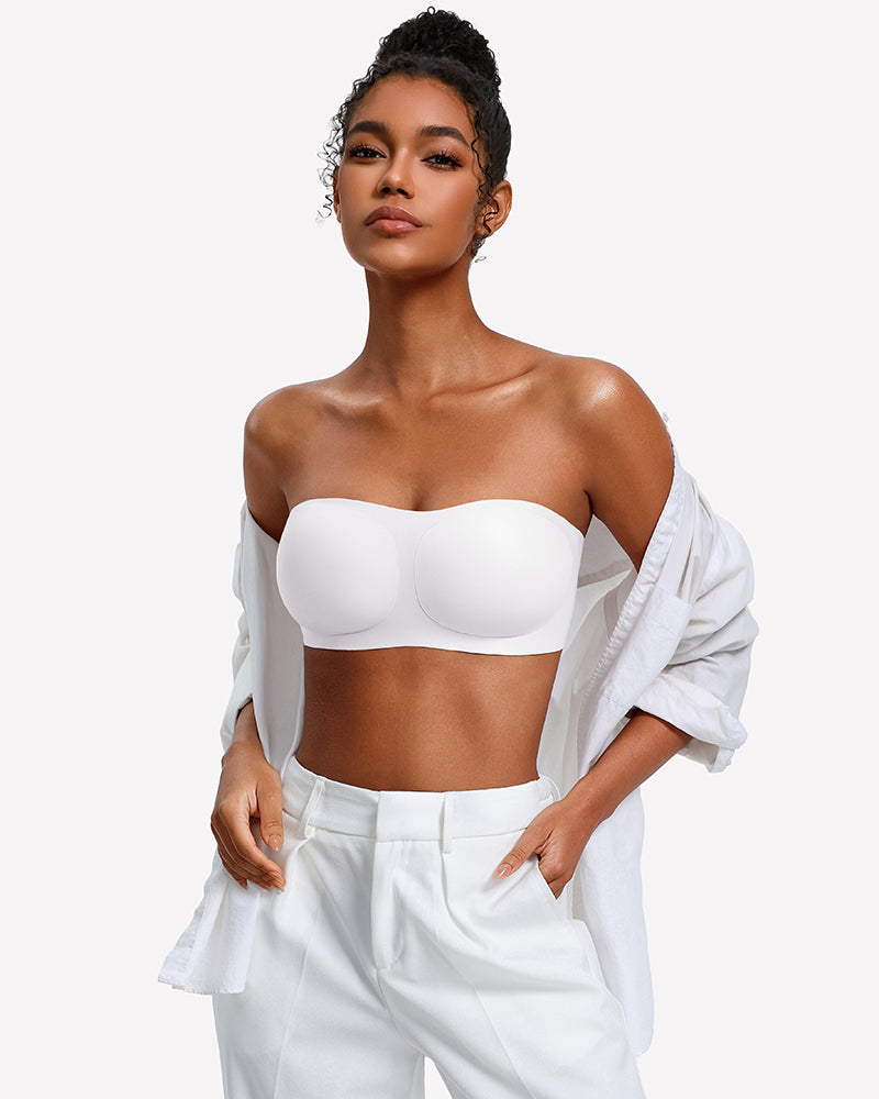 White strapless wireless bra with smooth molded cups and wide band