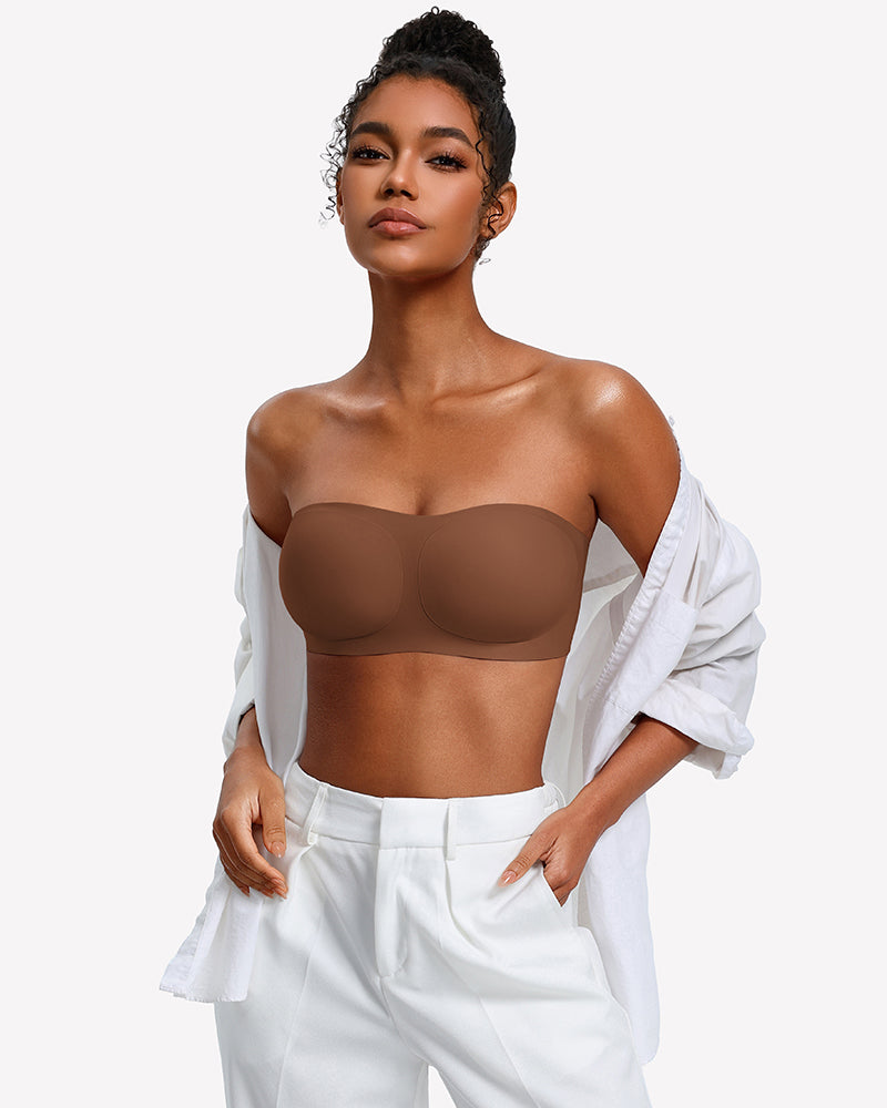 Brown strapless wireless bra with smooth molded cups and wide band