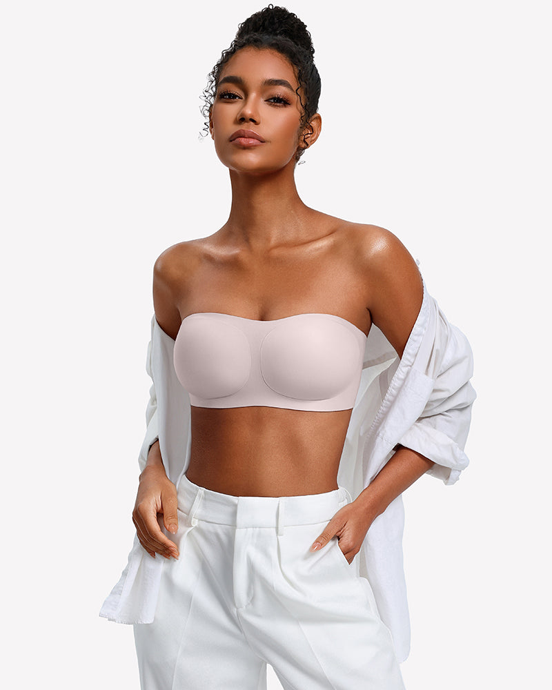 Light pink strapless wireless bra with smooth molded cups and wide band