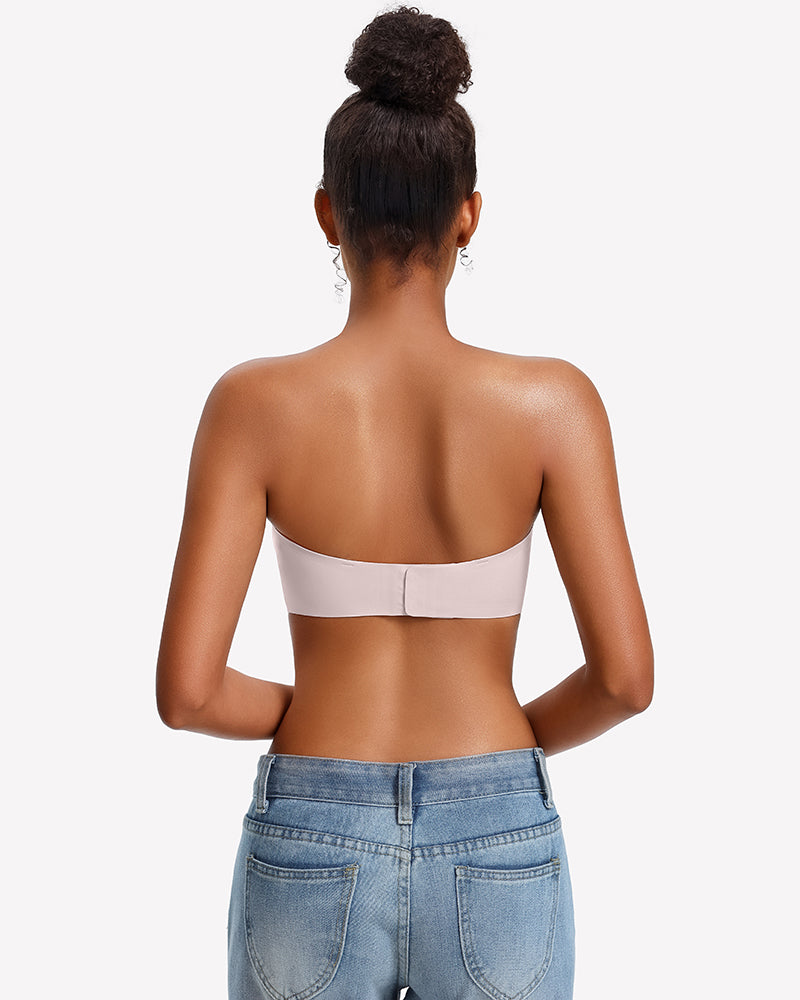 White strapless wireless bra back view with smooth wide band