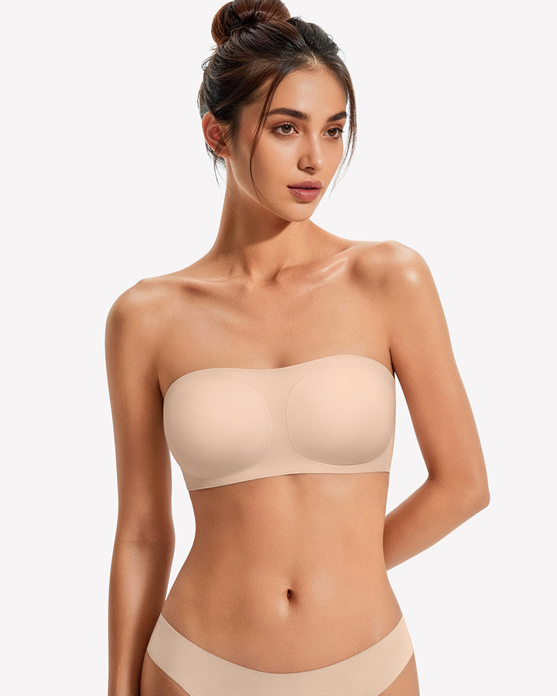 Nude strapless wireless bra with smooth molded cups and no-slip band