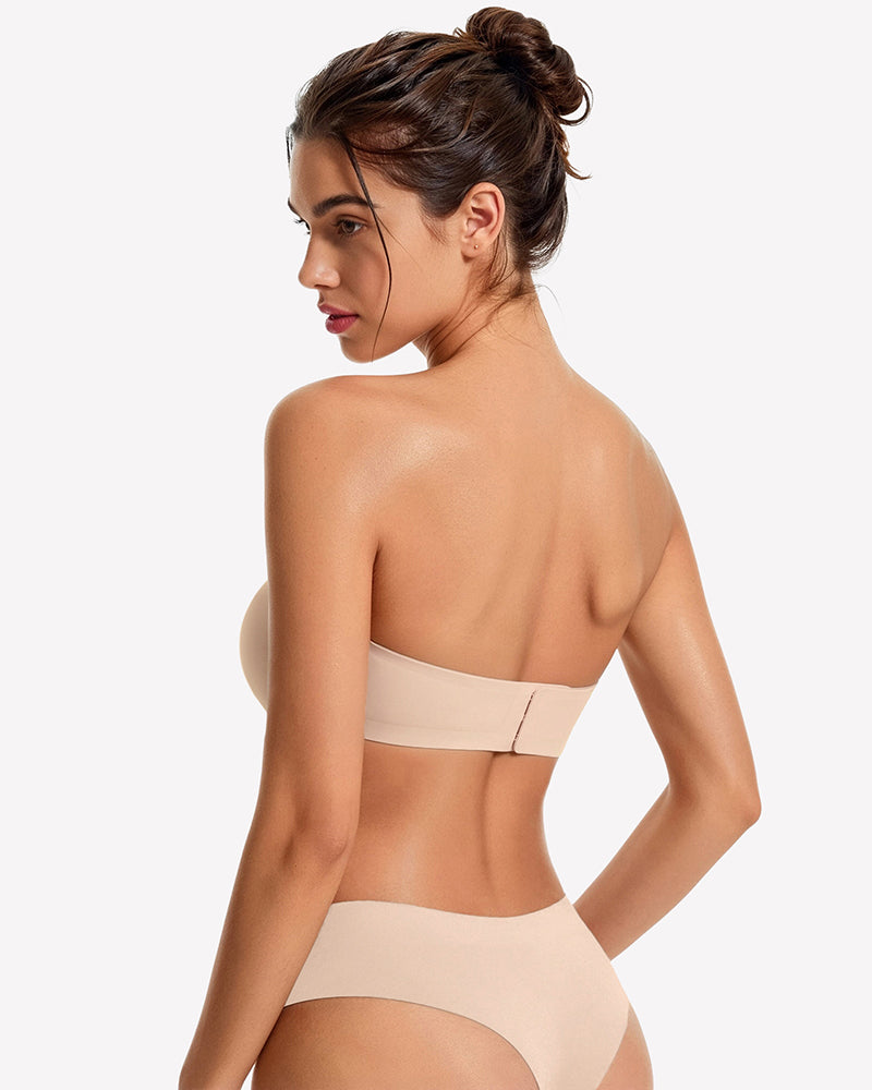 Nude strapless wireless bra back view with smooth molded band