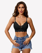 Black lace wireless V-neck bralette, unpadded mesh with scalloped lace hem