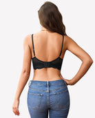 Black lace wireless bralette back view, unpadded mesh with lace trim