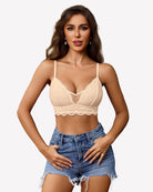 Nude lace wireless V-neck bralette, unpadded mesh with scalloped lace detail