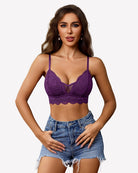Dark purple lace wireless V-neck bralette, unpadded mesh with scalloped lace trim